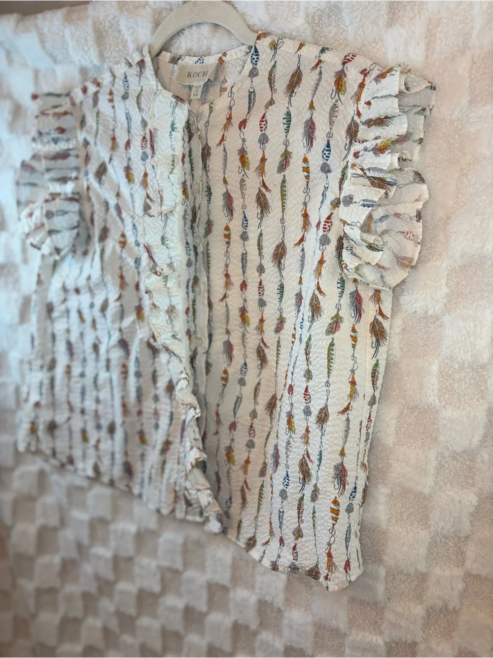 Koch off White Feather/Fishing Print Flutter Sleeves Women’s Top size XS